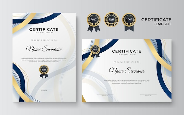 Modello moderno di design del certificato in oro blu