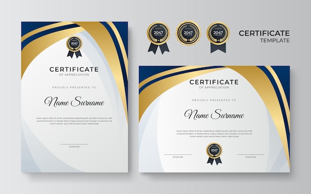 Modello moderno di design del certificato in oro blu