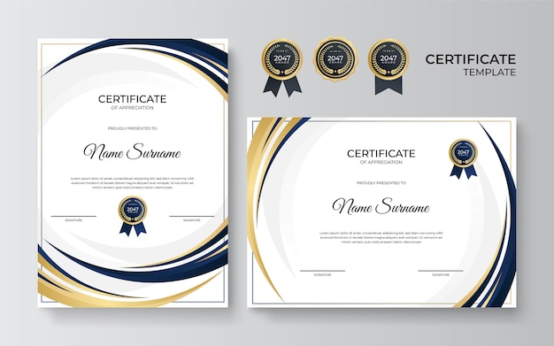 Modello di certificato moderno blu e oro. modello di bordo del certificato di diploma con badge per premi, affari e istruzione