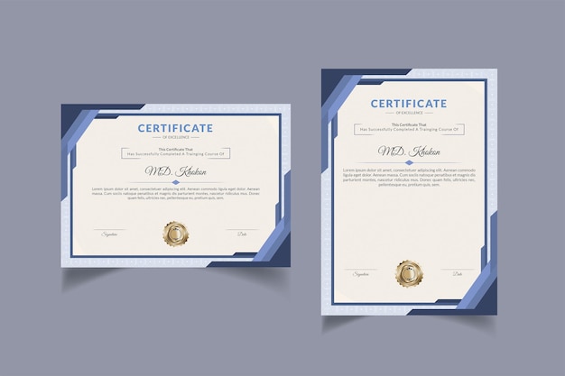 Modello di certificato in oro blu moderno