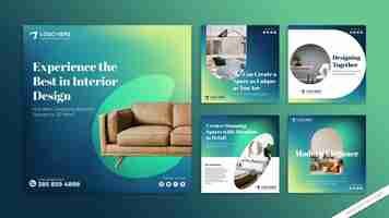 Vector modern blue green gradient interior design vector template social media post