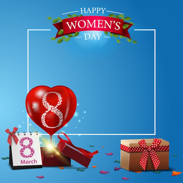 Современный синий шаблон поздравительной открытки к женскому дню