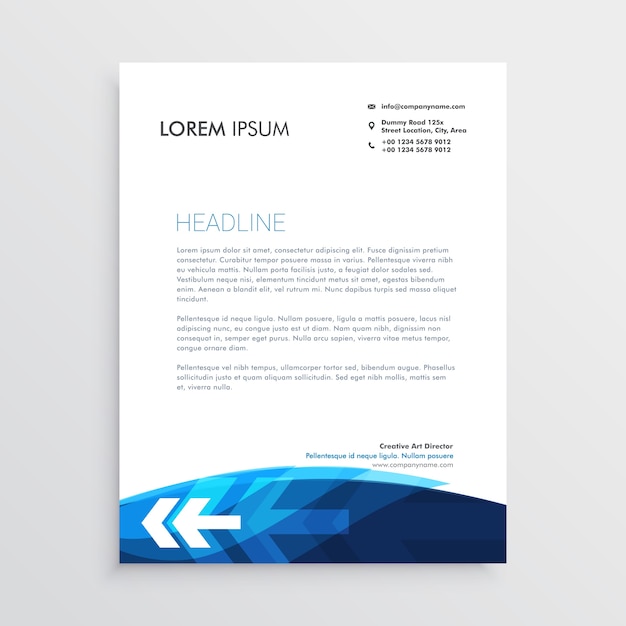 Modern blue letterhead design with arrow shape