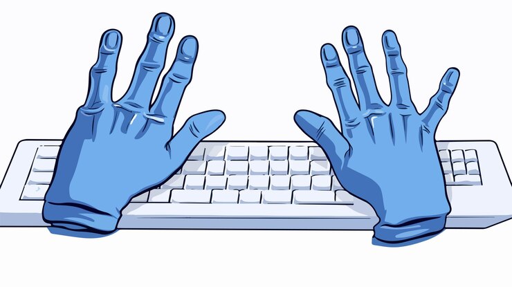 Vector modern blue line technology hands with computer screen and keyboard