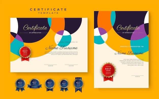 Modern blue orange black certificate of achievement border template with luxury badge and modern line pattern For award business and education needs