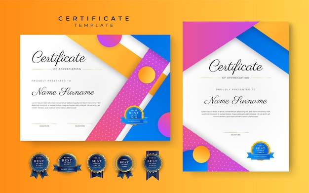 Modern blue orange pink certificate of achievement border template with luxury badge and modern line pattern for award business and education needs