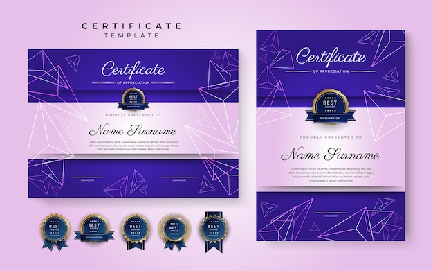 Modello di confine moderno blu rosa certificato di conseguimento con badge di lusso e motivo a linee moderne per esigenze aziendali e educative