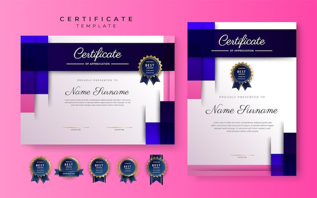 Modello di confine moderno blu rosa viola certificato di conseguimento con badge di lusso e motivo a linee moderne per esigenze aziendali e educative