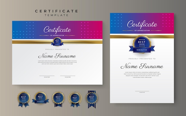 Modern blue and pink red technology certificate of achievement border template with luxury badge and modern line pattern For award business and education needs