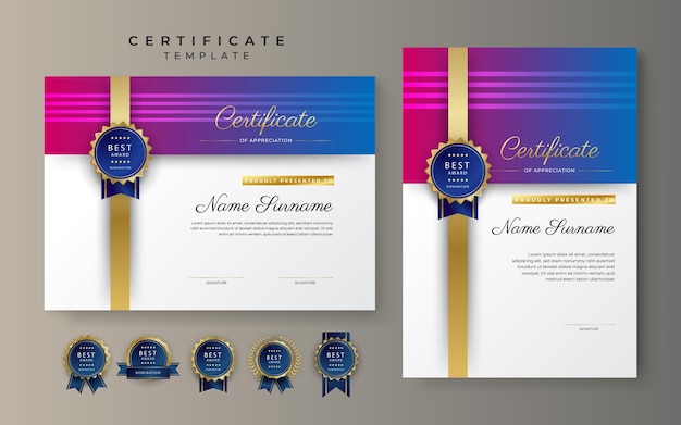 Modern blue and pink red technology certificate of achievement border template with luxury badge and modern line pattern for award business and education needs