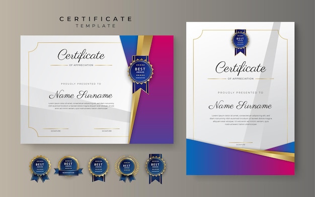 Modern blue and pink red technology certificate of achievement border template with luxury badge and modern line pattern for award business and education needs