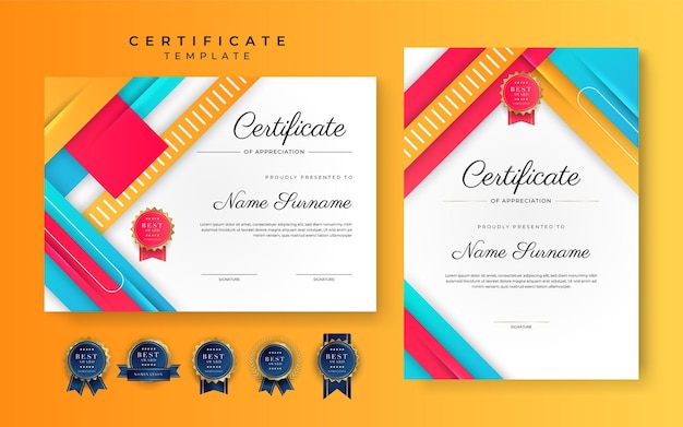 Modern blue red orange certificate of achievement border template with luxury badge and modern line pattern For award business and education needs