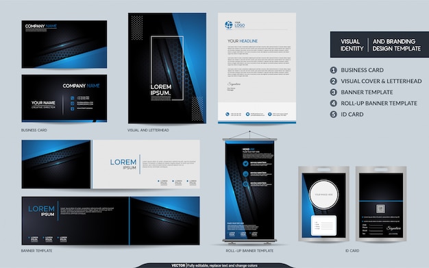 Modern blue stationery and visual brand identity set.