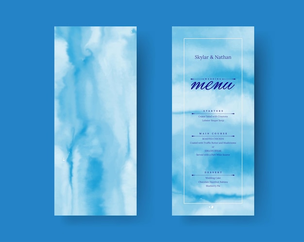 Modern Blue Watercolor Wedding Menu Card Template