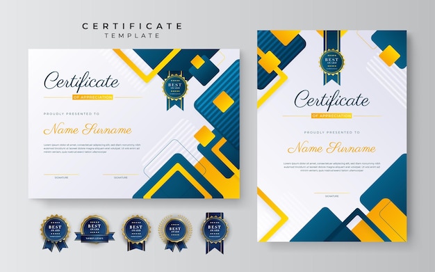 Modello di certificato di successo moderno blu e giallo con badge e bordo per aziende e aziende