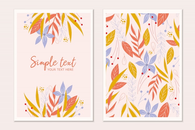 Modern botanical invitation card template with flowers and leaves.Cards with space for text.