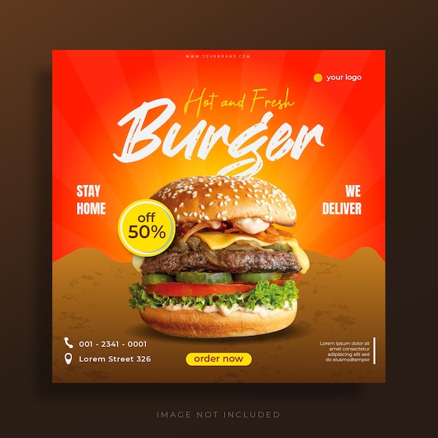 Modern burger or fast food menu flyer design for social media template