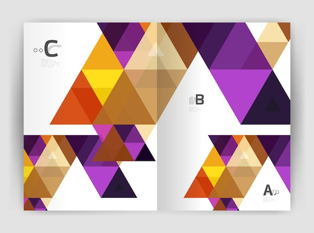 현대 비즈니스 브로셔 또는 전단지 A4 표지 템플릿 색 삼각형이 있는 추상 배경 연간 보고서 인쇄 배경 워크플로 레이아웃 다이어그램 번호 옵션 또는 웹 디자인을 위한 벡터 디자인