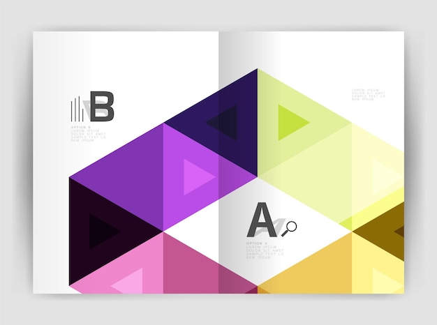 Modern business brochure or leaflet A4 cover template Abstract background with color triangles annual report print backdrop Vector design for workflow layout diagram number options or web design