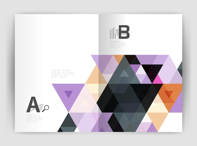 現代のビジネス パンフレットまたはリーフレット a4 カバー テンプレート色の三角形の年次報告書印刷背景と抽象的な背景ワークフロー レイアウト図番号オプションまたは web デザインのベクトル デザイン