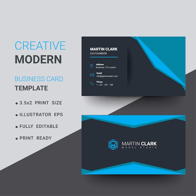 Modern business card with dark background and blue details