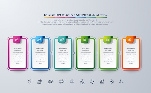 Modern business infographic-ontwerp met 6 proceskeuzes of stappen.