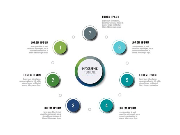 Современный бизнес-инфографический шаблон с семью круглыми реалистичными элементами на белом фоне