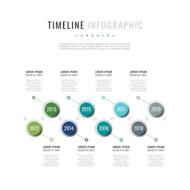 白い背景の上の丸い現実的な要素を持つ現代のビジネスインフォグラフィックタイムラインテンプレート