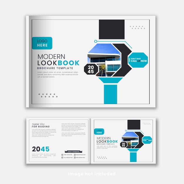 Modern business profile landscape brochure or magazine cover design with blue and black shapes