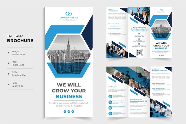 Современный бизнес рекламный тройной дизайн брошюры с абстрактными шестиугольными формами креативный тройной вектор брошюры с синими и темными цветами дизайн рекламной брошюры маркетингового агентства