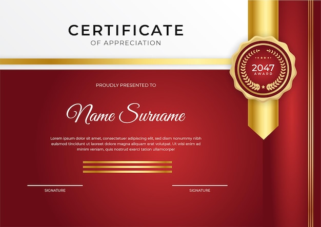 Modern business red and gold certificate of achievement template with gold badge and border