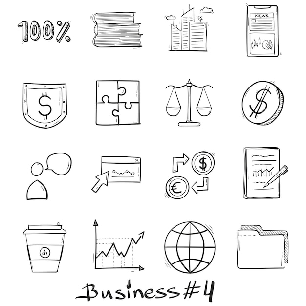 Modern business set icons hand drawn in doodle style isolated.