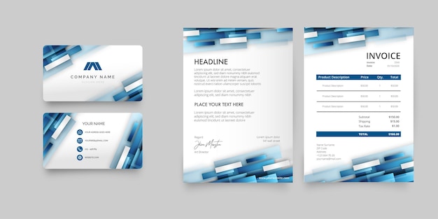 Vettore pacchetto di articoli di cancelleria aziendali moderni con forme blu astratte