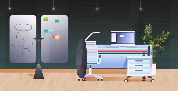Vector modern cabinet interior office room with furniture horizontal