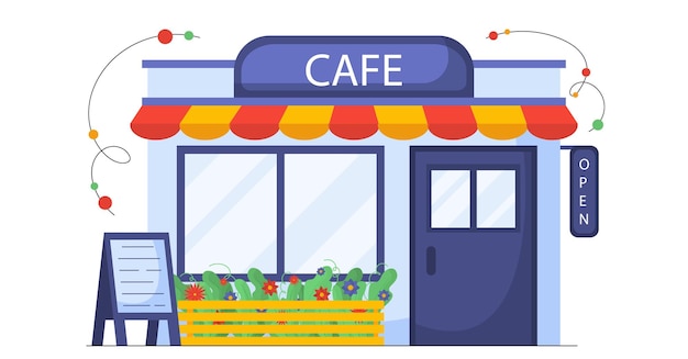 ベクトル モダンなカフェの建物のコンセプト 都市インフラと建築 小規模および地元のビジネス レストランやベーカリーのケータリング白い背景で隔離の漫画フラット ベクトル図