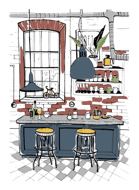 Modern café interieur in loft-stijl. hand getekende kleurrijke illustratie.