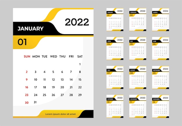 Modello di progettazione del calendario moderno 2022 anno calendario minimo semplice colore giallo e nero vettore con