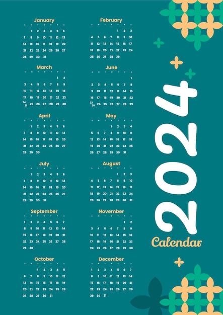 Vector modern calendar template 2024 floral motif