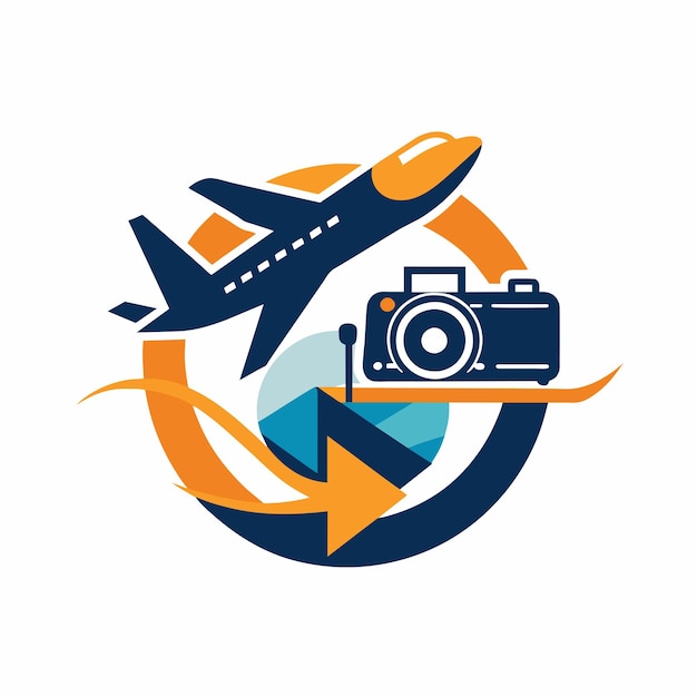 Vector a modern camera and airplane positioned within a circular formation a contemporary design with a camera and airplane graphic symbolizing travel adventures