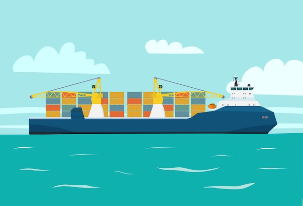 Modern cargo ship container with cranes in sea. Vector  style illustration.