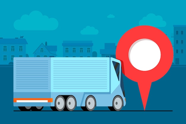 Logistica moderna del rimorchio del camion del carico vicino all'icona del perno di posizione del navigatore di geotag gps sulla strada della città