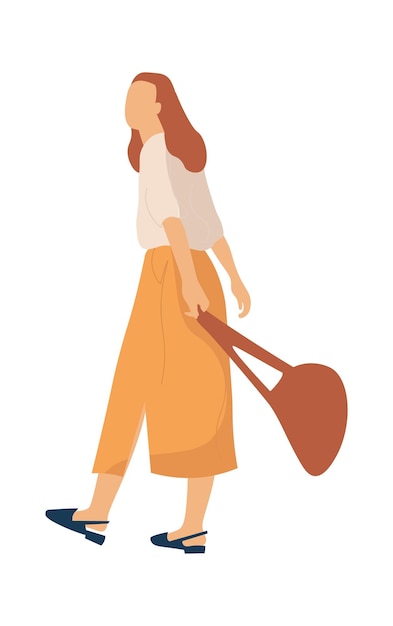 Modern cartoon female person woman character going for walk in park girl walking outdoor in skirt and blouse with bag trendy clothes combination leisure activities vector flat isolated illustration