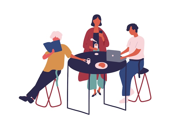 ベクトル 現代の漫画の人々は、フードコートのベクトルフラットイラストのテーブルに座って食べたり飲んだりします。カラフルな男性と女性は本を読み、ラップトップとスマートフォンを使用して、白い背景で隔離の飲み物を持参してください。