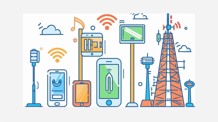 Vector modern cellphone and cell phone tower communication technology