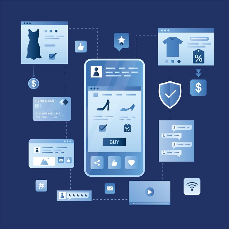 Vector modern cellphone with shopping application on display social media content social network