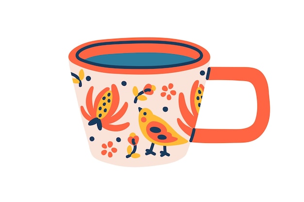 modern ceramic tea cup porcelain coffee mug with floral pattern and handle trendy drink crockery in doodle style colored flat vector illustration of teacup isolated on white background
