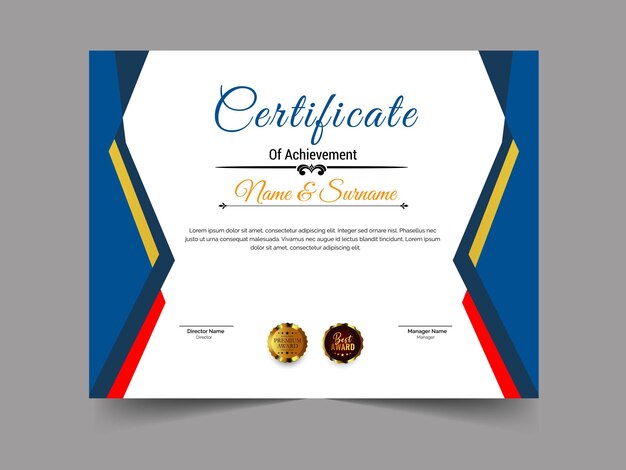 modern certificate of achievement template design luxury elegant blue and gold diploma certificate