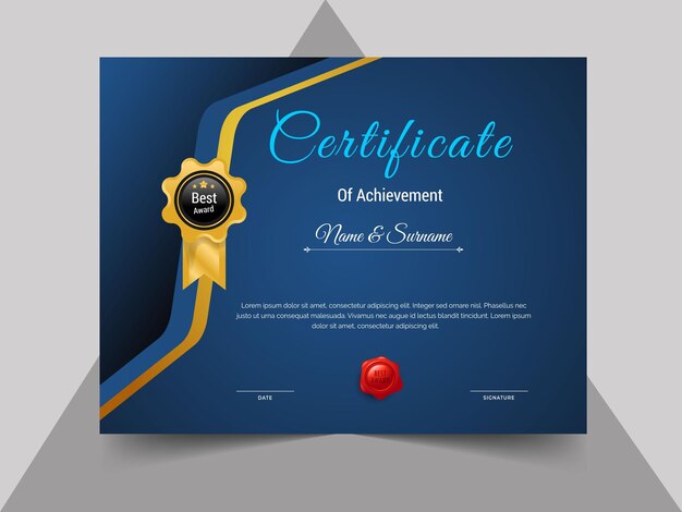 modern certificate of achievement template design luxury elegant blue and gold diploma certificate