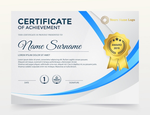 Vector modern certificate of achievement template, gold and blue color.