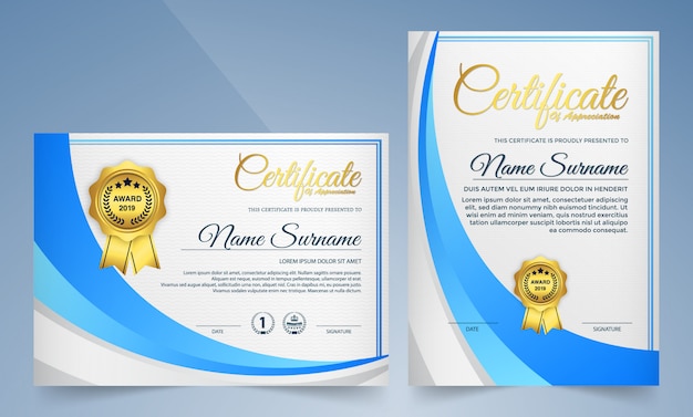 Certificato moderno di modello di realizzazione, colore oro e blu.